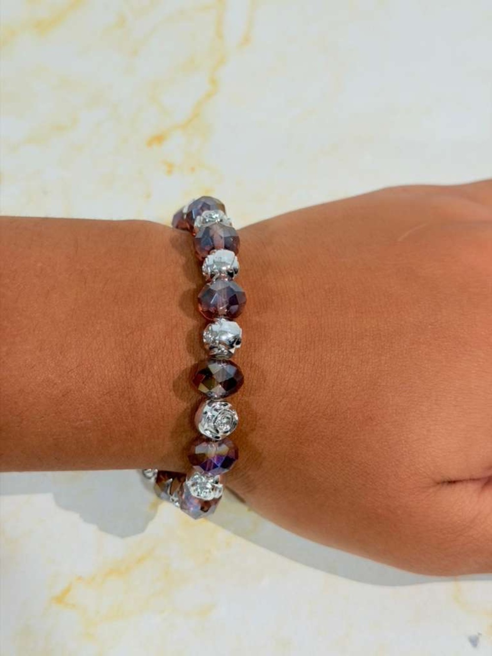 Faceted Purple Crystal Stretch Bracelet with Silver Accents